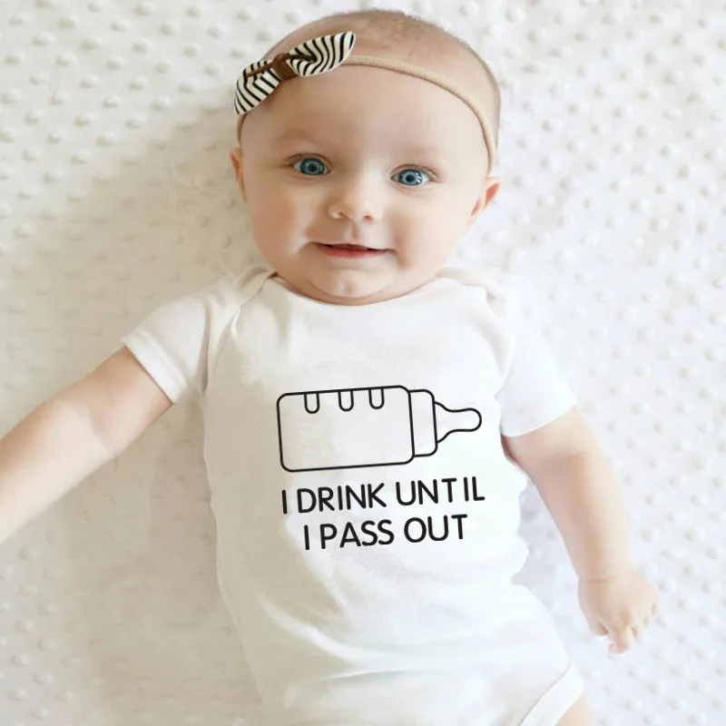 

Cute Baby's Bottle Print I DRINK UNTIL I PASS OUT Newborn Baby Girl Clothes Cotton White Baby Girl Romper Infant Boy Rompers