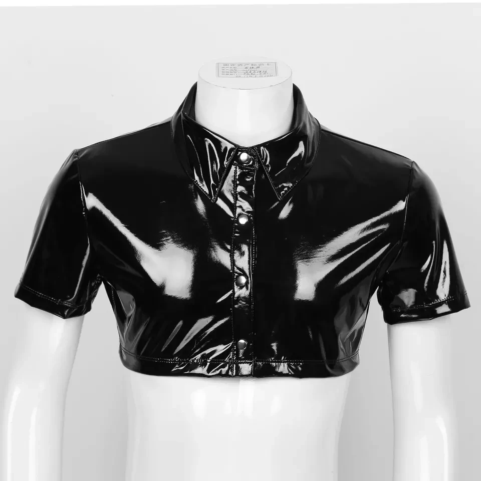 Mens Sexy Glossy Leather Short-sleeved Shirt Erotic Shaping Sheath Latex Tops Casual T-shirts Male Patent Leather Jacket Sexi