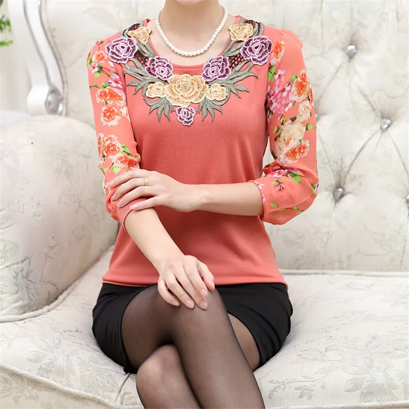 Spring Summer Women Tee Shirts Chiffon Sleeve Knitting T-Shirt Embroidery Collar Tops Shirts Blusa Mother Clothing Feminina