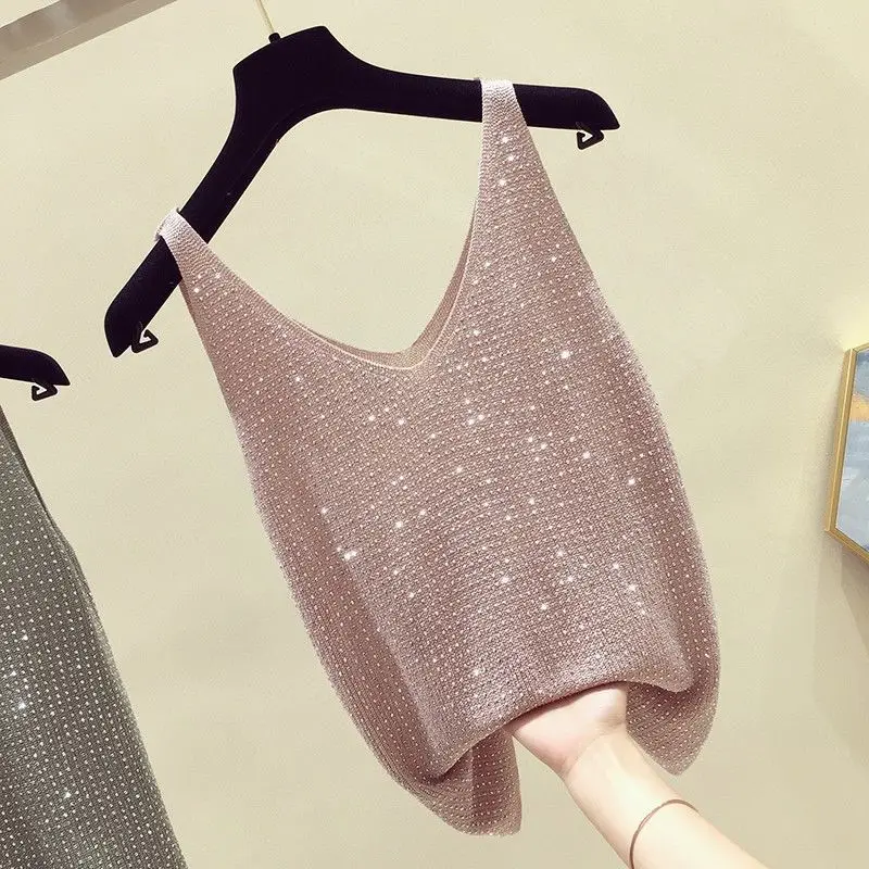 Hot Rhinestone Bright Silk Knitted Sweater Vest Women Fashion Thin Section Sleeveless Bottoming Sweater Vest Female Spring 2024