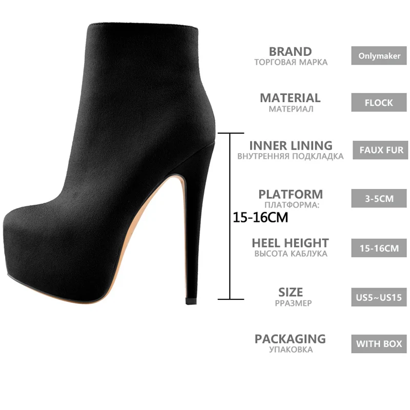 Onlymaker Women Booties Round Toe Patform Ankle Booties Black Red Flock Stiletto Side Zipper 16CM High Heel Sexy Lady Boots