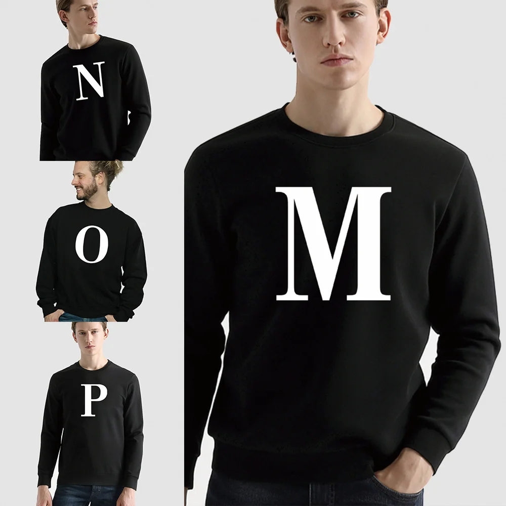 Unisex Pullover Casual Long-sleeved Sweatshirt White Letters Initial Name Printed Pattern Basic Clothing Commuter O-neck Hoodie