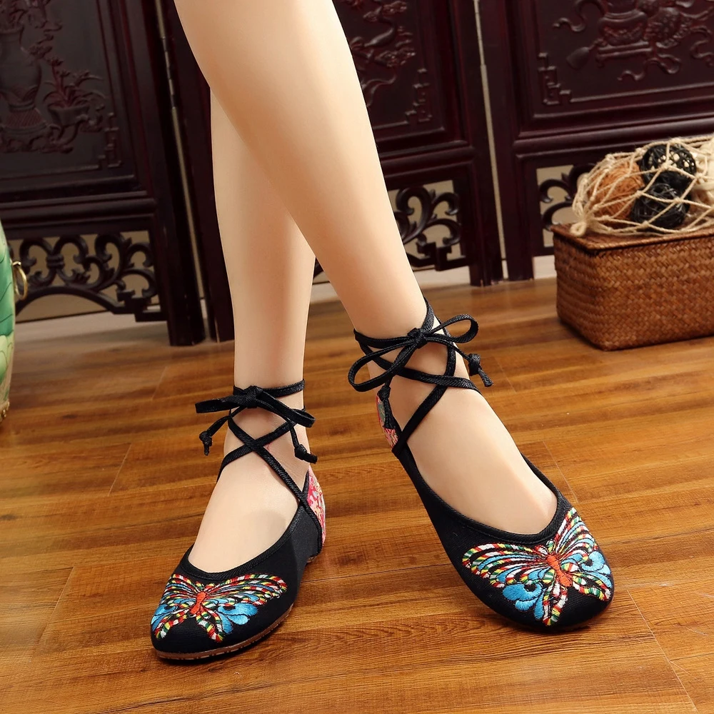 Veowalk Size 34-43 Women's Shoes Old Peking Lace-up Flats Butterfly Embroidery Soft Sole Casual Dancing Shoes Woman