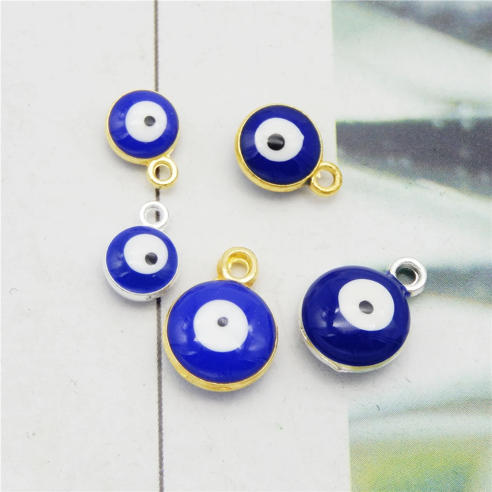 Julie Wang 12 PCS Assorted 6-10mm Enamel Alloy Blue Evil Eye Charms Turkish Eyeball Round Pendant Bracelet Dangle Jewelry Making