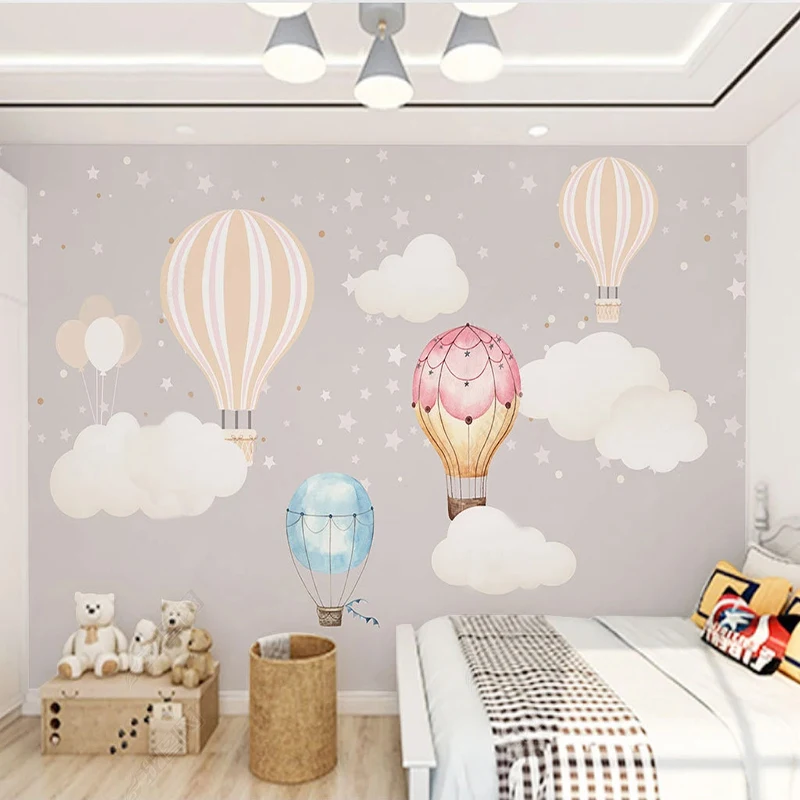 

Custom Wall Cloth Nordic Cartoon Hand Drawn Hot Air Balloon Cloud Mural Wallpaper For Kids Room Bedroom Backdrop Wall Covering