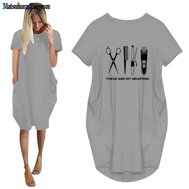 

Dresses Women Ladies Casual Oversized Hairdresser Print Pullover Loose Pocket Dress Fashion Long Top Female T Shirt Dress NEW