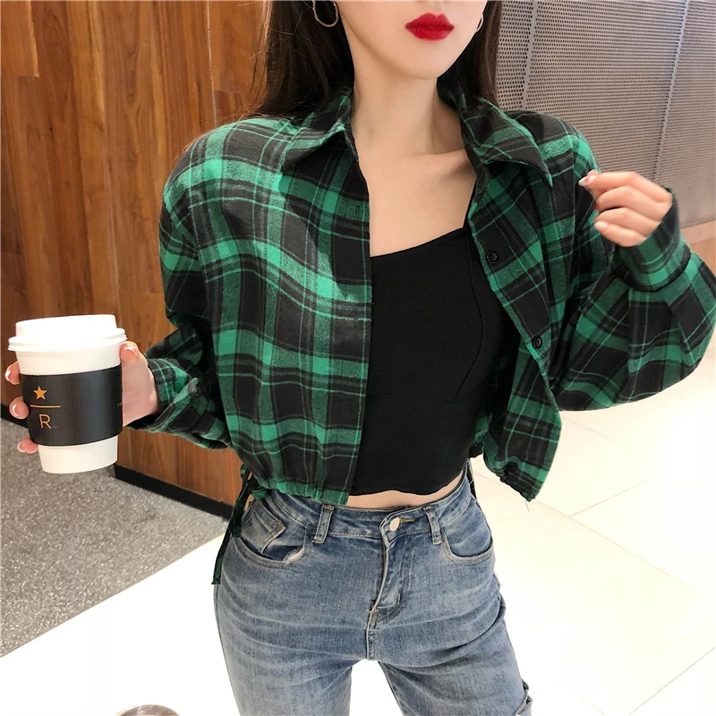 Crop Shirts Women Turn-down Collar Designer Plaid Shirring All-match Streetwear Korean Style Simple Leisure Tops Lantern Sleeve