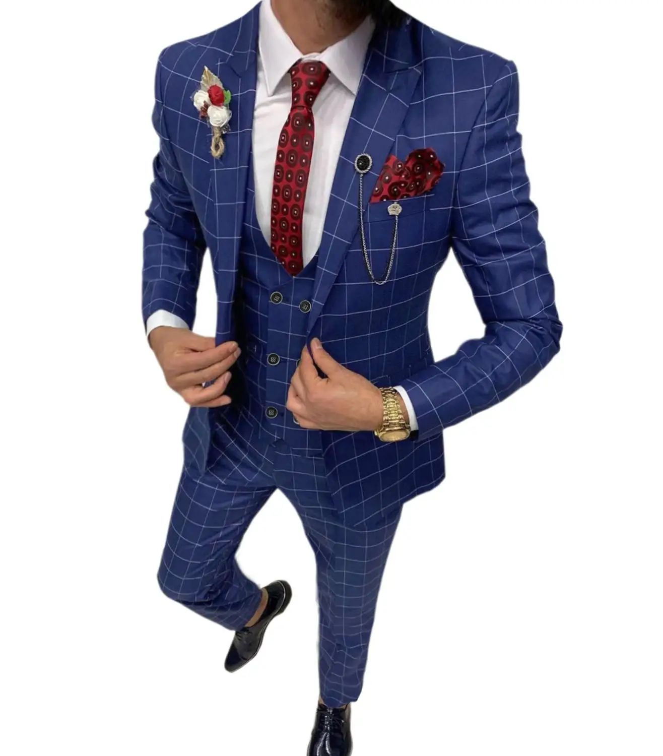 Men\'s  Suit Plaid Blue 3 Piece Beige Men\'s  Slim Fit Dress Suit Fashion Plaid Checked Blue Purple for Wedding (Jacket+Pant+Vest)