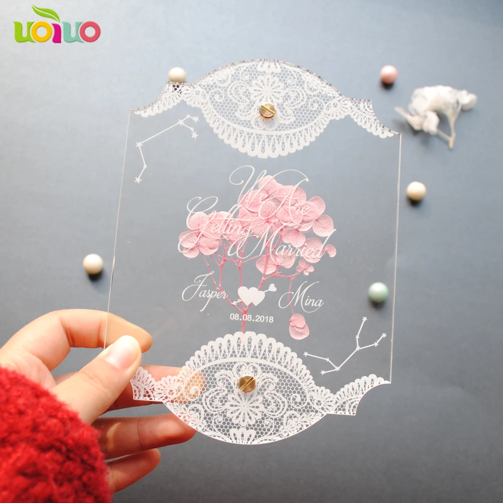 Custom Personalized Clear Acrylic Invitation Card With White Foreverflower and Engraving for Fantasy Wedding