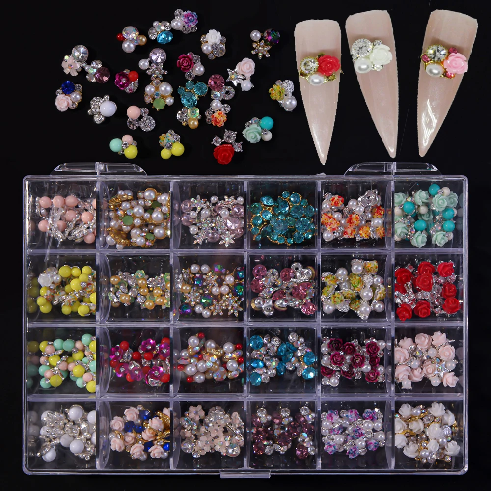 

Nail Art Rhinestone Kit,240Pcs Nail Crystal Diamond Nail Charms 24 Styles 1 Box Multi-color Glass Rhinestones Metal Gem Charm