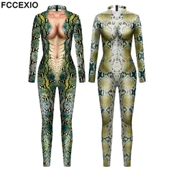 FCCEXIO Sexy Snakeskin 3D Print New Fashion Girl Bodysuits Cosplay Costume Jumpsuit Adults Onesie Long Sleeve Game Outfits