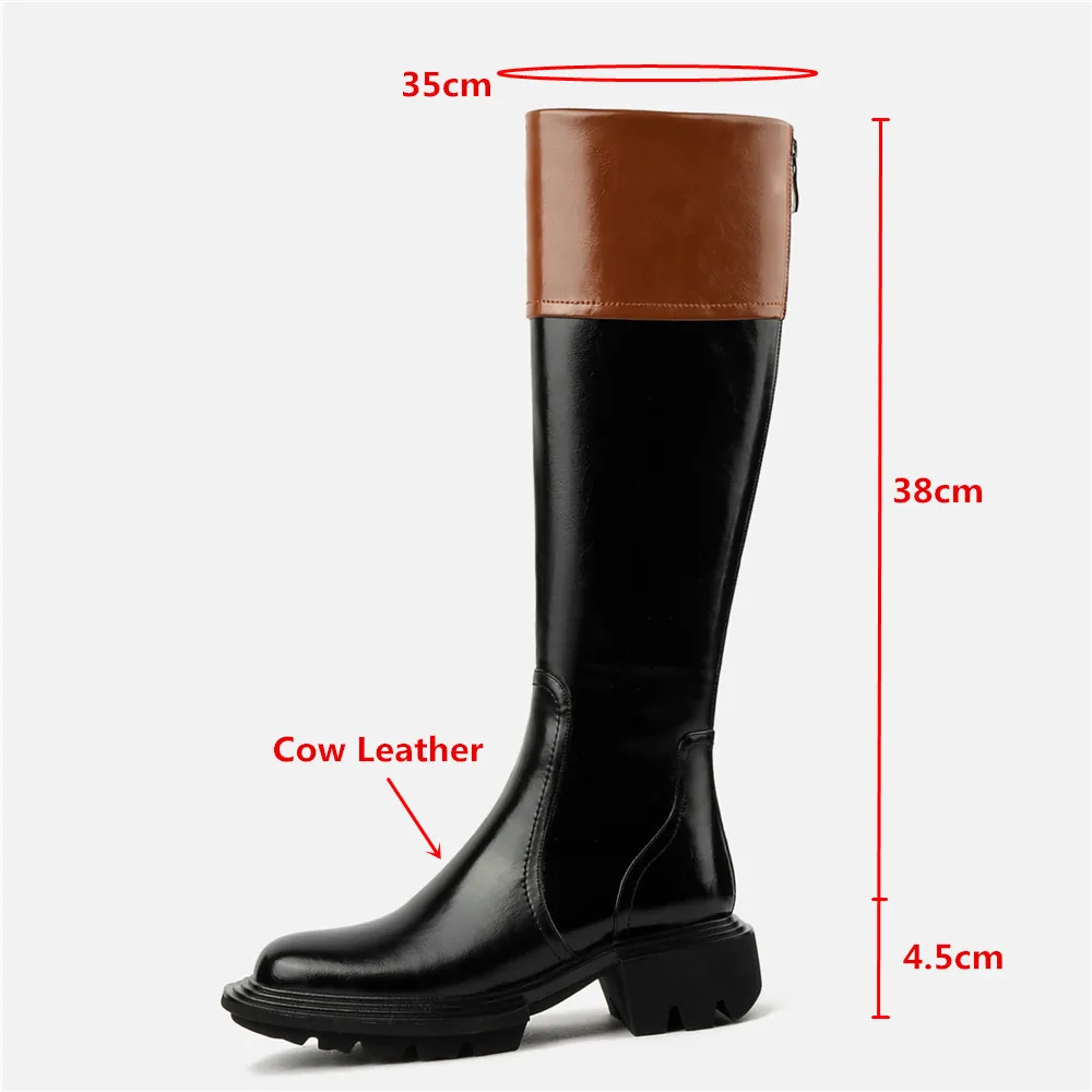 MILI-MIYA Fashion Women Cow Leather Knee High Snow Boots Warm Wool Zippers Wedges Solid Color Round Toe Handmade For Ladies