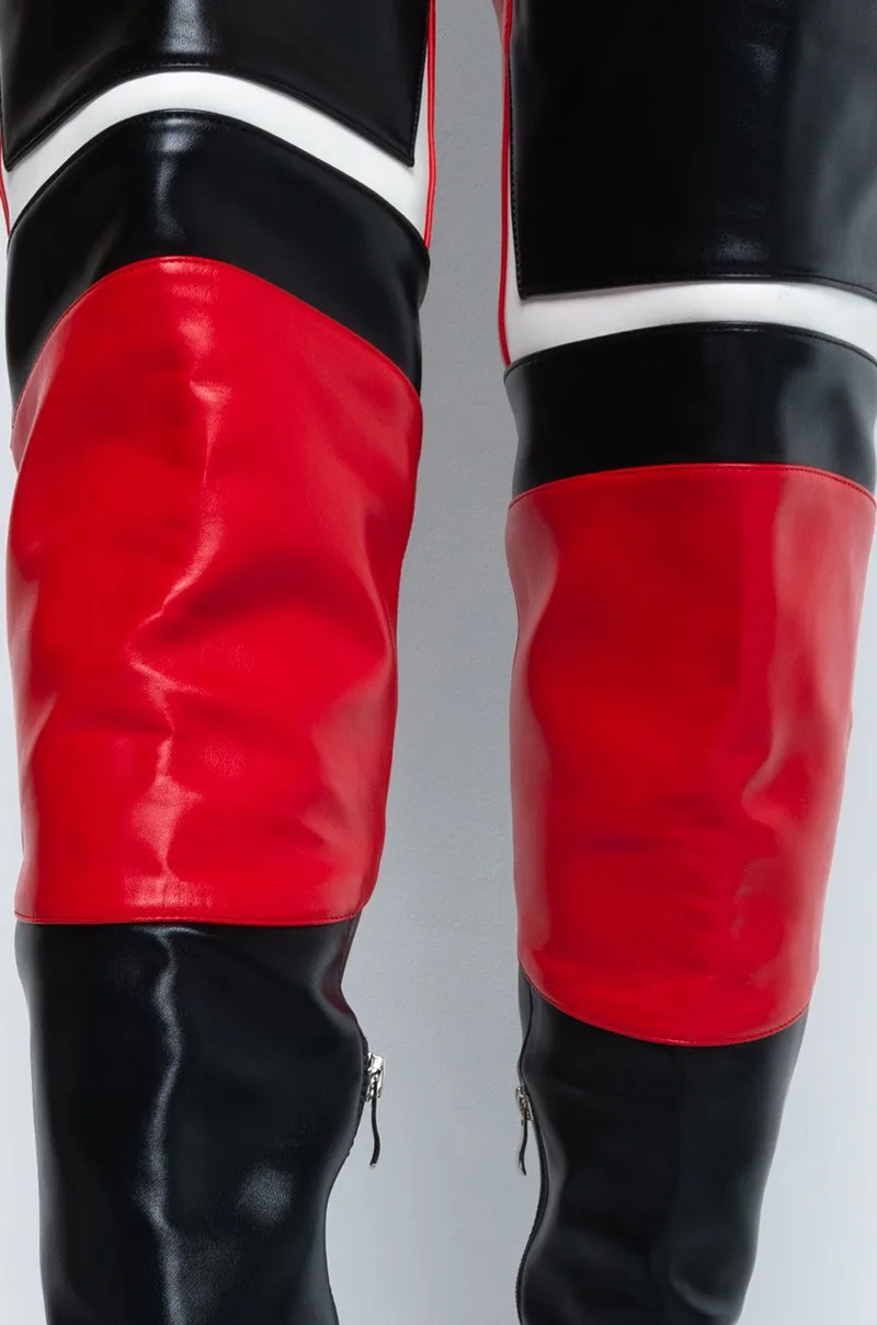 الأحمر والأسود المرقعة الفخذ أحذية عالية كعوب عالية على الموضة النساء أحذية مثير أشار تو كتلة اللون فوق الركبة الأحذية 44