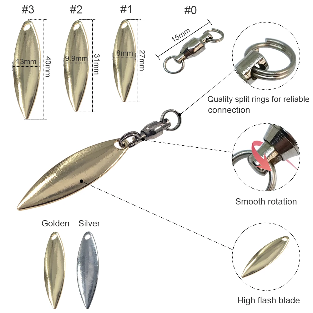 INFOF 10 pezzi lame per Spinner Willowleaf + girelle con cuscinetti a sfera con anelli divisi pesca a traina esche da pesca accessori Spinnerbaits