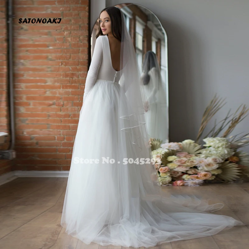 Vestido De Novia Simple Long Sleeve Wedding Dress for Bride A-Line Tulle Backless Floor Length Princesa Bridal Gown Robe Mariée