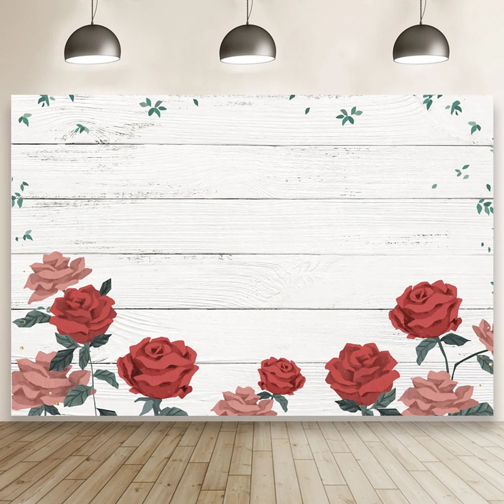 Red Rose Flower Gray Wood Board Texture Photography Background Child Birthday Baby Shower Family Party Decor Photocall Backdrop