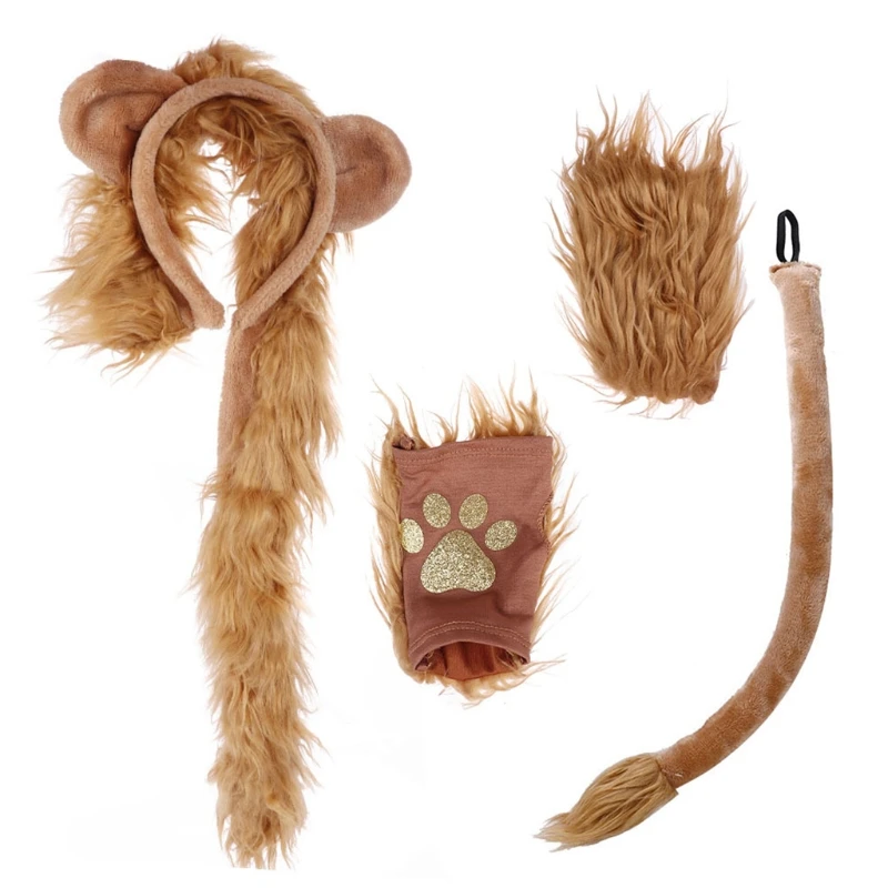 Halloween Costume Lion Plush Ears Headband Tail and Paws Kit Lion Fingerless Costume for Adults Kids Halloween Decor