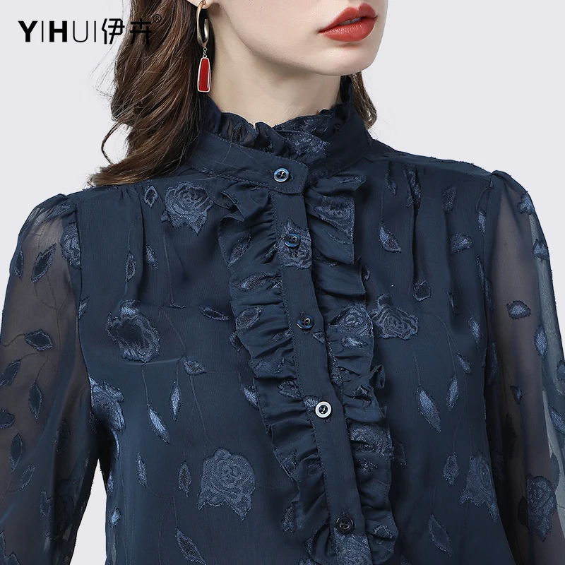 Mesh Sleeve Chiffon Shirt Women New Embossing Flower Stand Ruffled Neck Single-Breasted Tops Loose Elegant Spring Summer Blouses