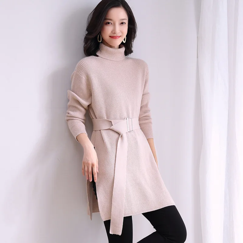 2023 Fall and winter mid-length sweater with slit collar and loose knit jumper  sweater