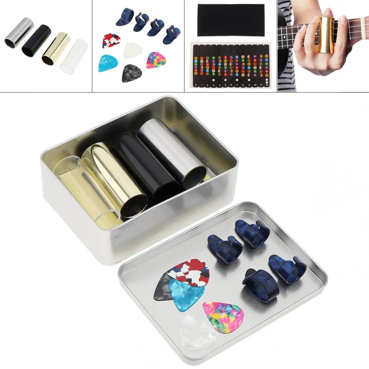 

15pcs/lot Guitar Slide Picks Kit Stainless Steel Slides Finger Thumb Celluloid Guitar Picks Sticker with Box