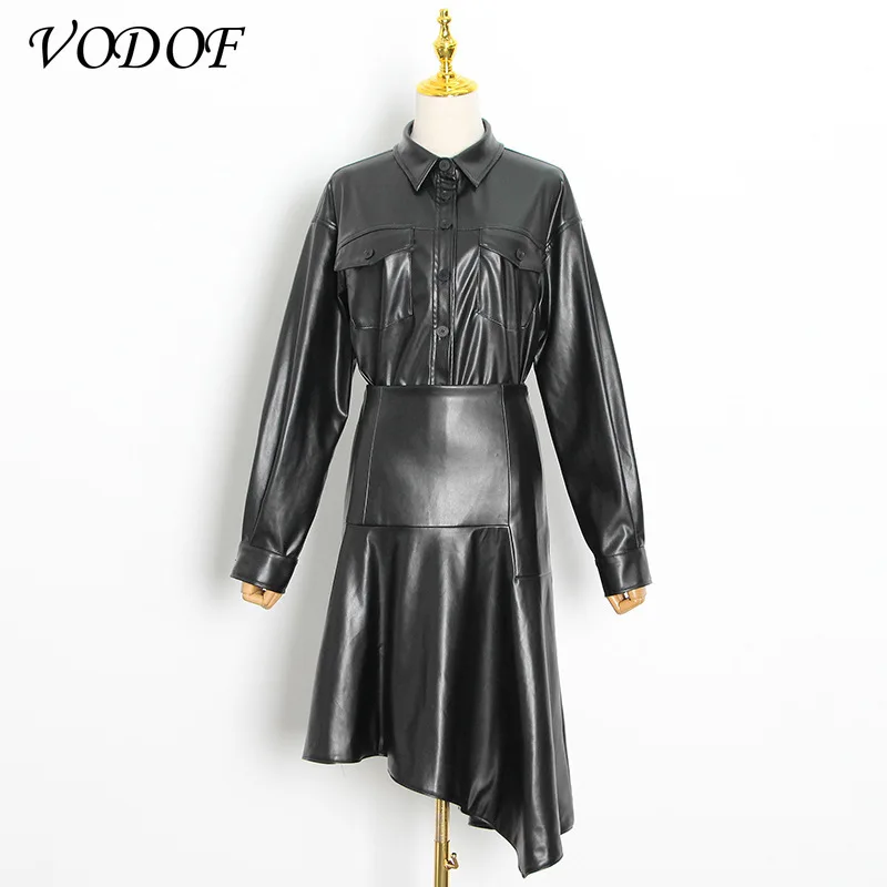 VODOF Women's Leather Jacket Long Sleeve Lapel Loose Fall Fashion Black Women Streetwear