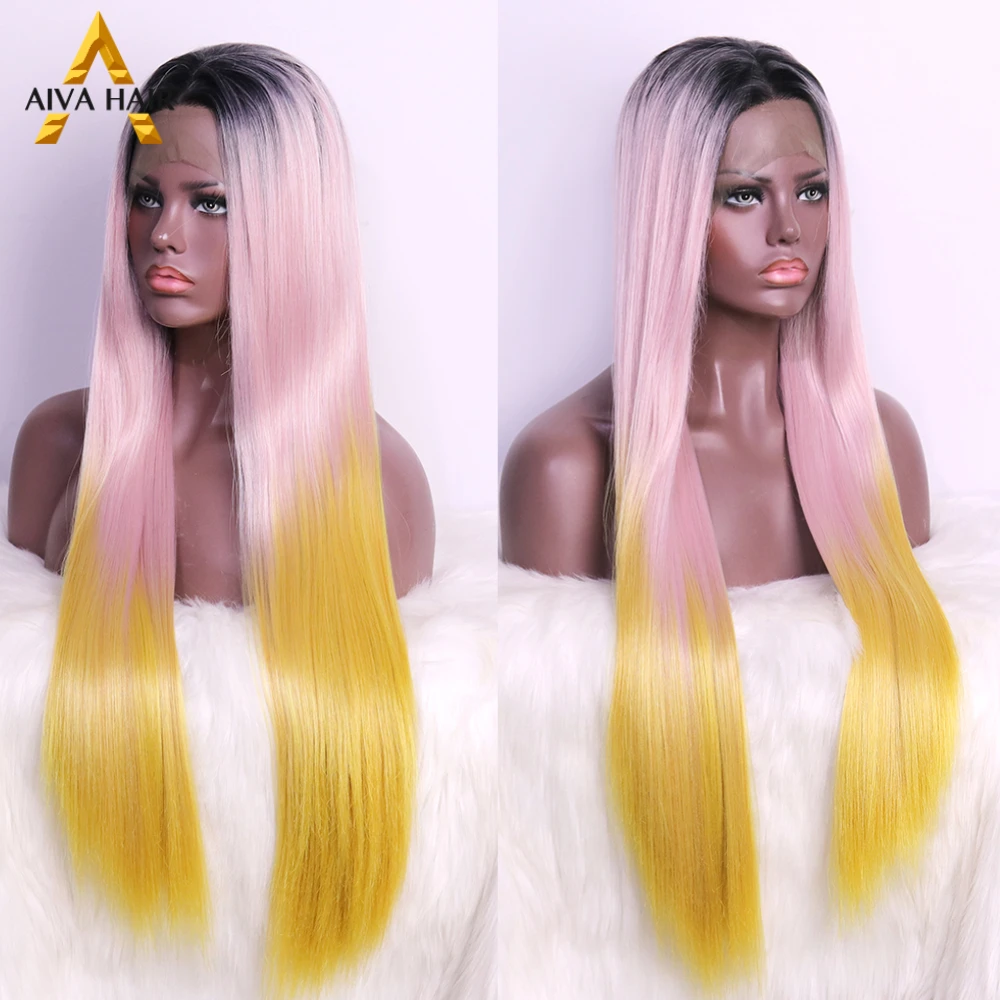 

Ombre Pink Synthetic 13X4 Lace Front Wig Long Straight Yellow Wig Glueless Preplucked Heat Resistant Cosplay Wigs For Women 180%