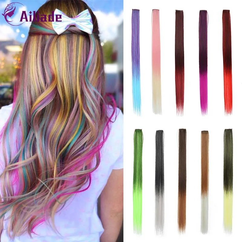 

AILIADE 37 Colored 24"Long Straight Ombre Synthetic Hair Extensions Wavy Pure Clip In One Piece Strips Hairpiece For Women Girls