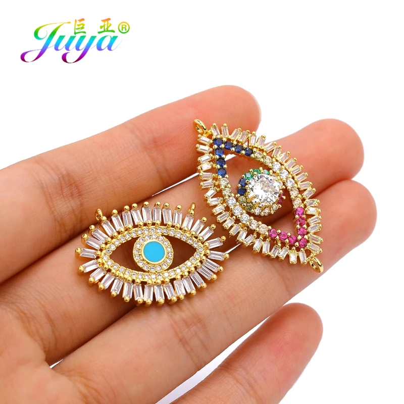 

Juya Handmade Cubic Zirconia Hamsa Greek Evil Eye Charms Connector Accessories For DIY Turkish Fatima Jewelry Making Supplies