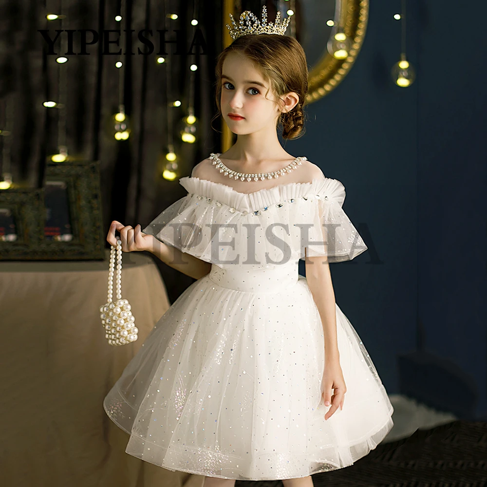 Scoop Neck perline Flower Girl Dress A-Line increspato Tulle abito da ballo principessa abbigliamento per bambini