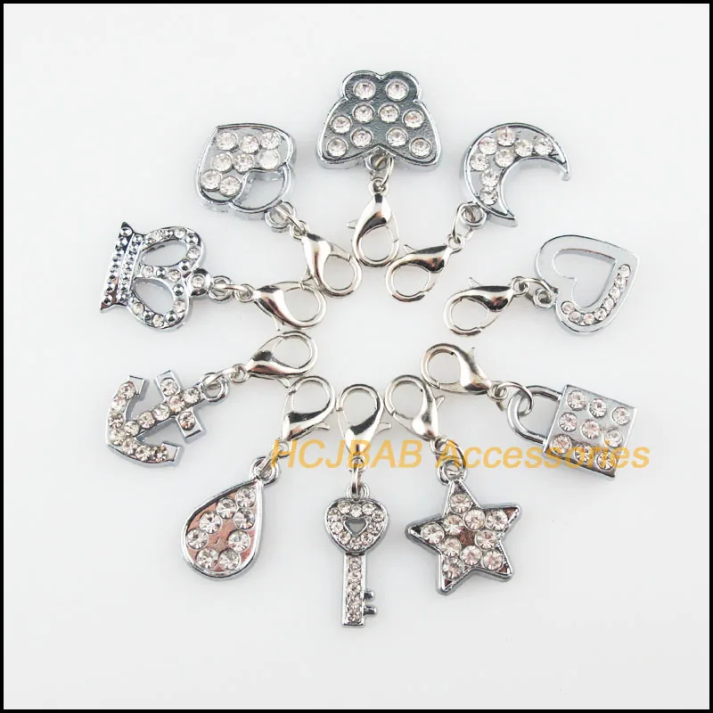 10Pcs Retro Tibetan Silver Plated Heart Cross Star Crown Teardrop Butterfly Charms Pendants With Lobster Claw Clasps