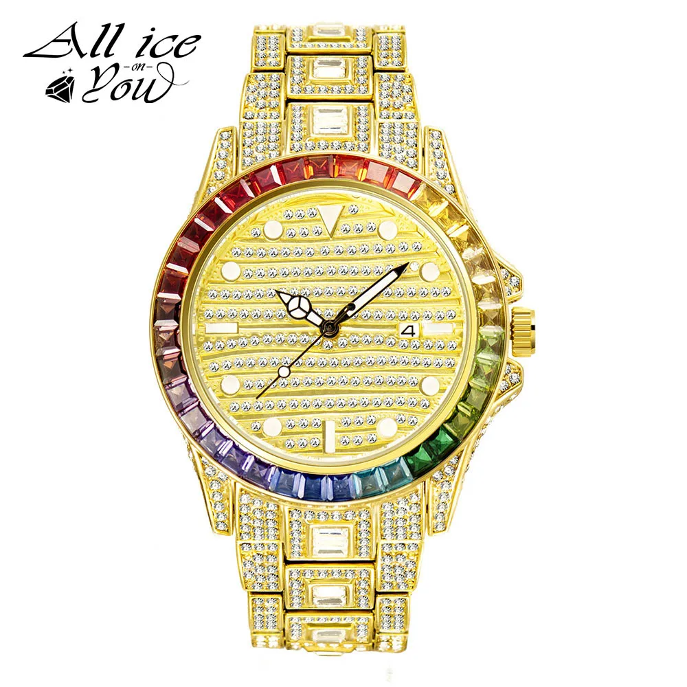 ALLICEONYOU New Gold Silver Color Cubic Zirconia Watches Hip Hop Fashion Luxury SyntheticBracelet Stainless Steel For Women Gift