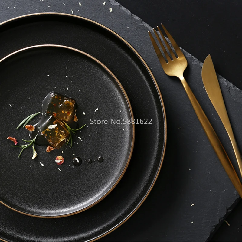 Tableware Ceramic Dinner Plate Set Dish 8/10 Inch Porcelain Cute Dessert Plate Dinnerware Black Frosted Steak Plate