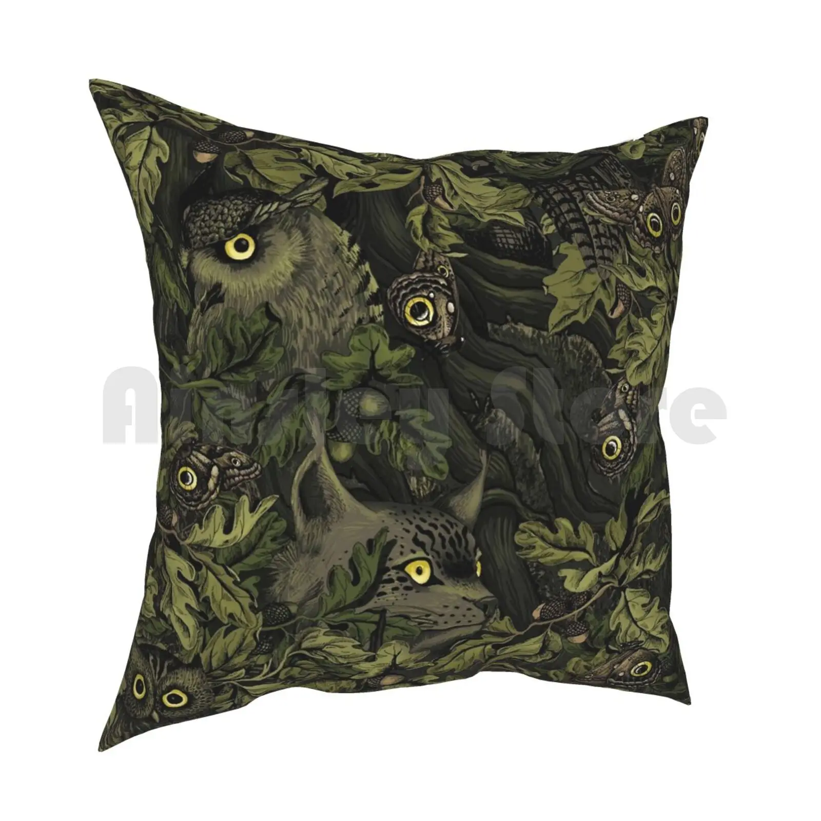 Fit In ( Olive Green ) Pillow Case Printed Home Soft Throw Pillow Autumn Leaves Oak Acorn Owl Horned Owl Owls Eye Eyes