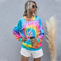 Sudaderas con capucha con estampado para mujer, Top de manga larga informal, Sudadera con capucha Tie-dye para mujer, suéter holgado de invierno con cuello redondo para mujer