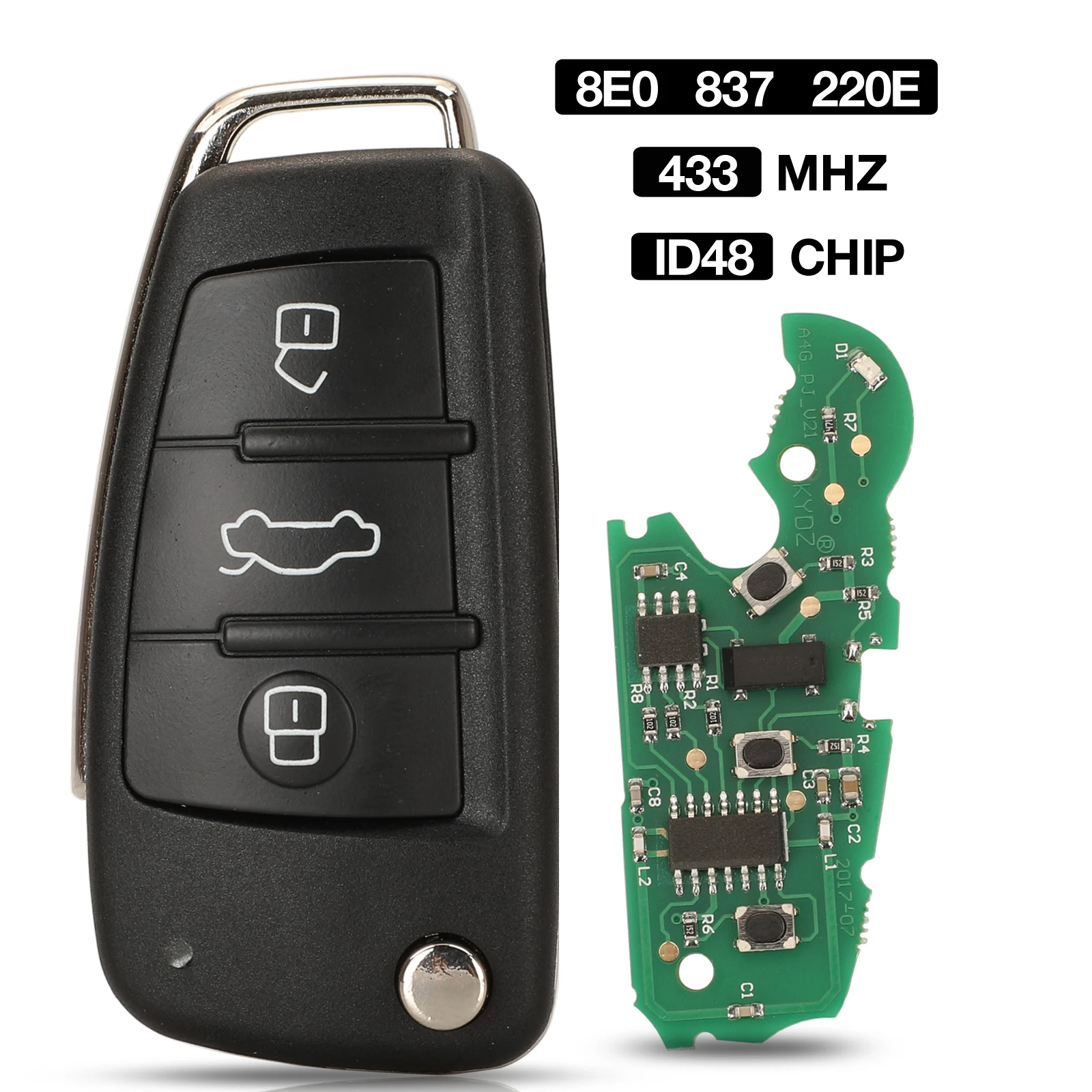 jingyuqin 433MHZ Folding Flip Remote 3 Buttons Car Key Shell For Audi A4 231G ID48 Chip FCCID：8E0837220E 2005 Years