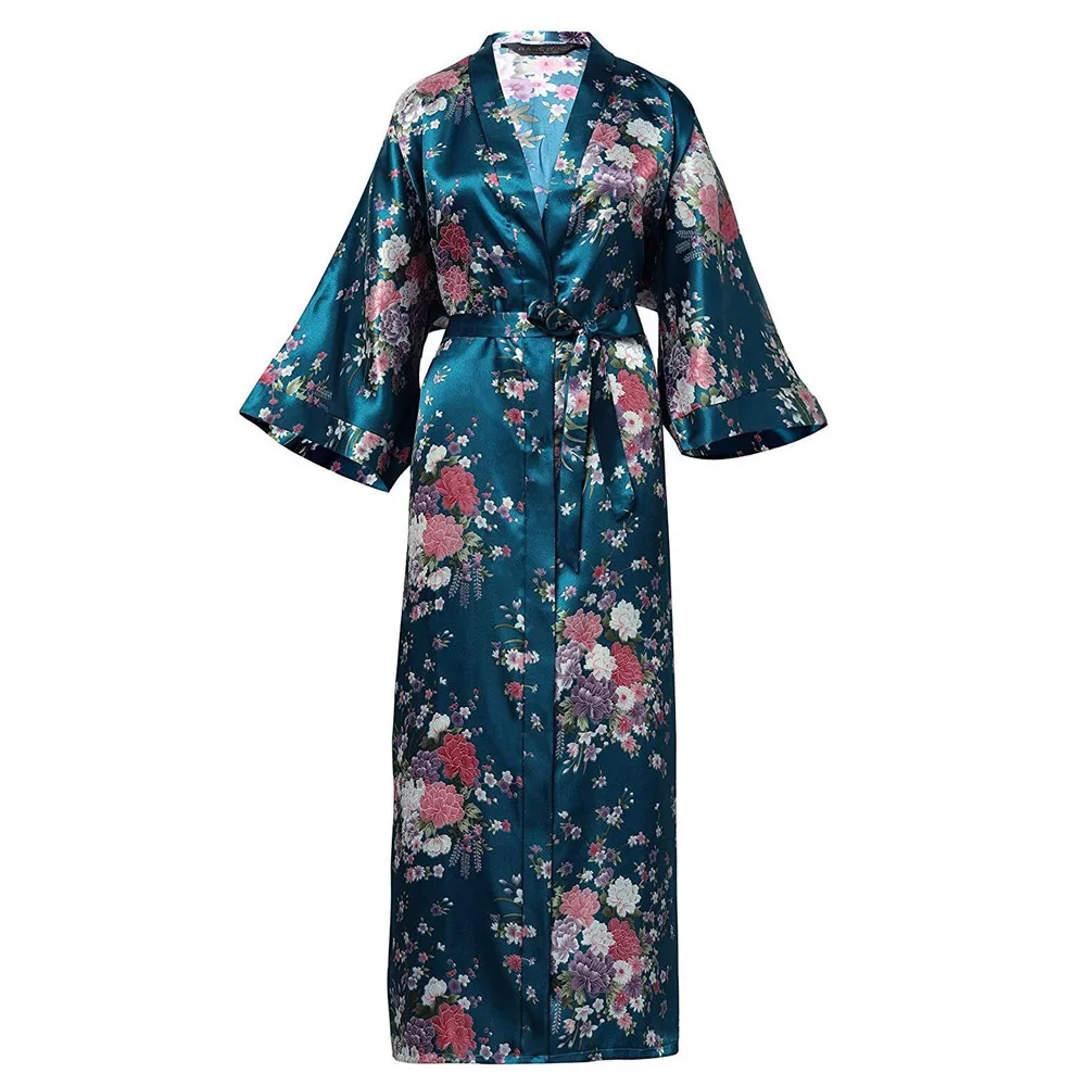 Print Flower Women Kimono Robe Lingerie Long Casual Sleepwear Bathrobe Gown Sexy Satin Home Clothes Nightwear Negligee