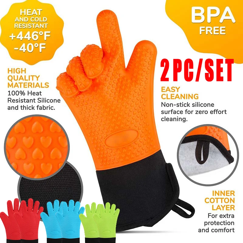 

2 Pc/set Silicone Heat-Resistant Gloves Cooking Barbecue Gants Silicone Kitchen Microwave Mittens Oven Glove Mitts Grill Gloves