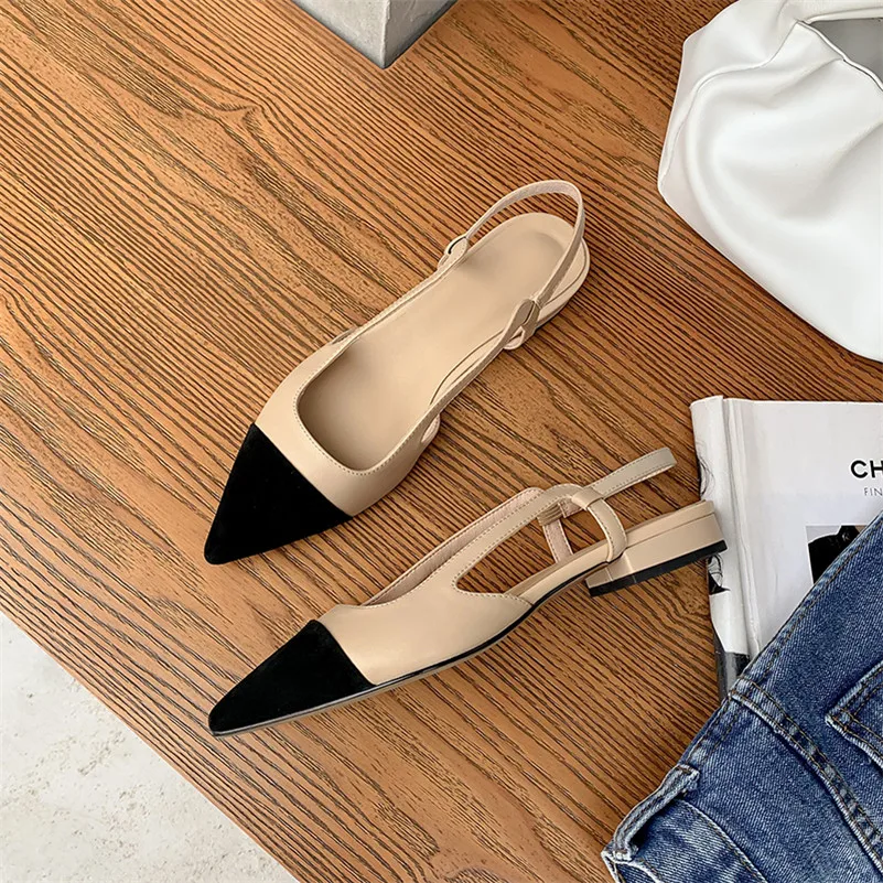 Meotina Genuine Leather Low Heel Slingbacks Shoes Women Shoes Pointed Toe Square Heels Shallow Ladies Footwear Summer Black 40