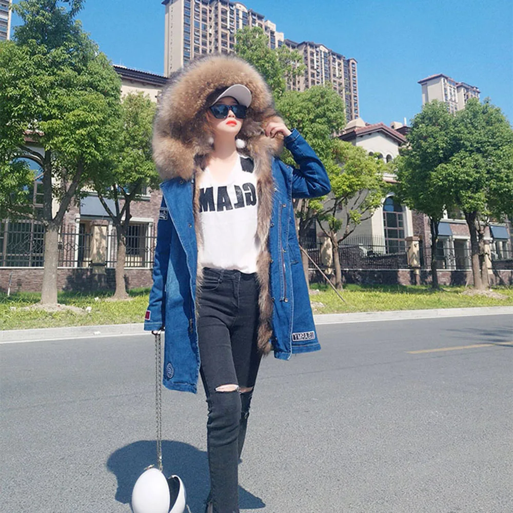 maomaokong 2022 winter women rabbit fur liner raccoon fur collar denim coat woman parkas fur thickened denim fur jacket long