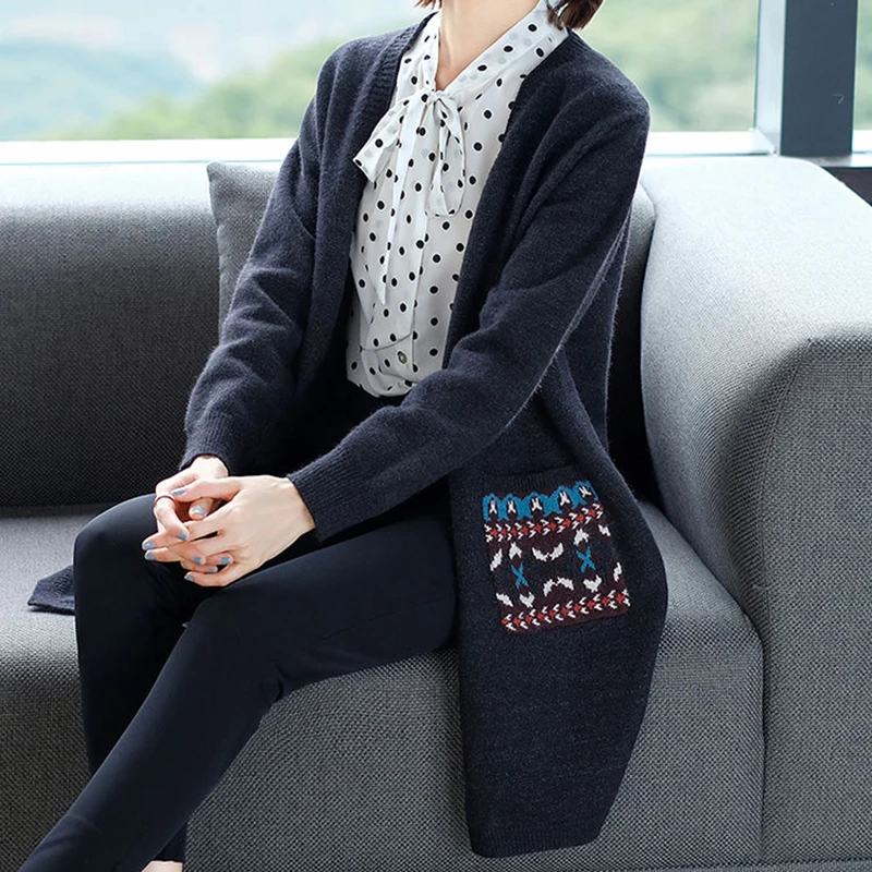 Vintage Long Length Knitting Cardigans Women Korean Style Big Size 4XL Sweater Ladies Spring Soft Knit Jacket With Pocket