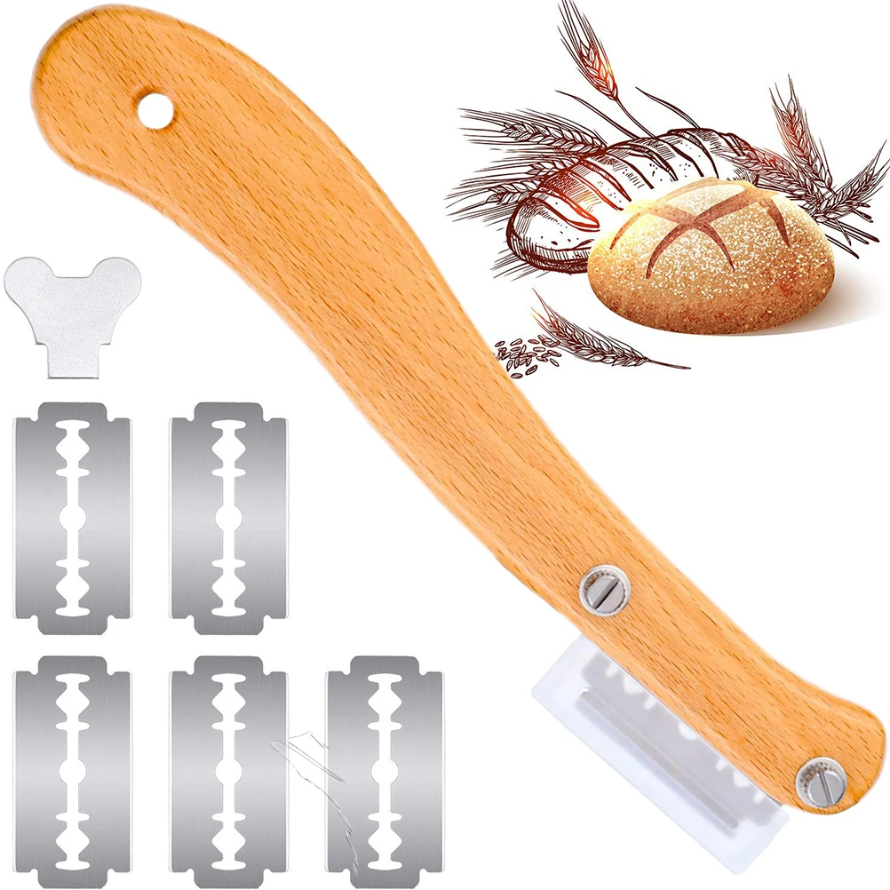 Bread Lame Wooden Handle Bread Slashing Tool Dough Scoring Knife With 5 Pieces Replaceable Blades For Bread Making Kitchen