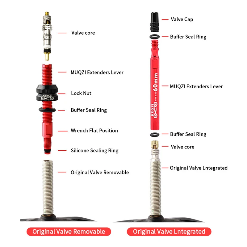 MUQZI-extensor de válvula Presta para bicicleta, adaptador de válvula de extensión de tubo interno con herramienta de núcleo, 50mm, 60mm, 80mm