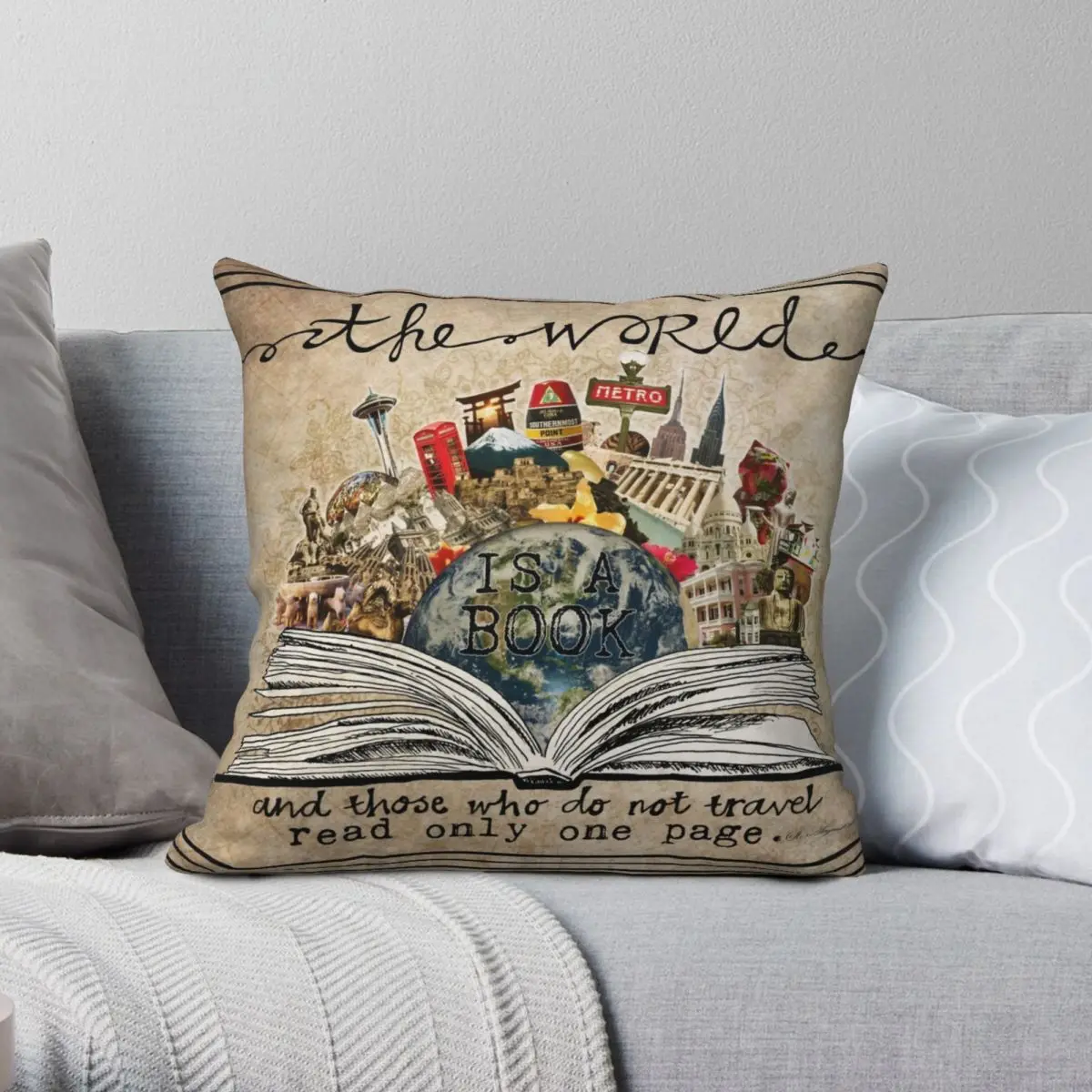 The World Is A Book Square Pillowcase Polyester Linen Velvet Printed Zip Decorative Pillow Case Room Cushion Cover 45x45