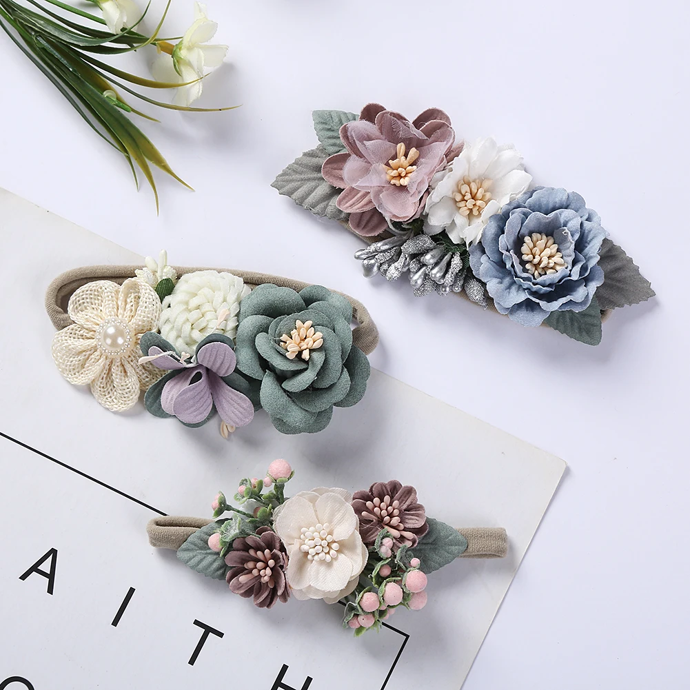 3Pcs/Lot Artificial Flower Baby Headband Newborn Boy Girl Pearl Elastic Nylon Hair Band Child Photography Props Headwraps