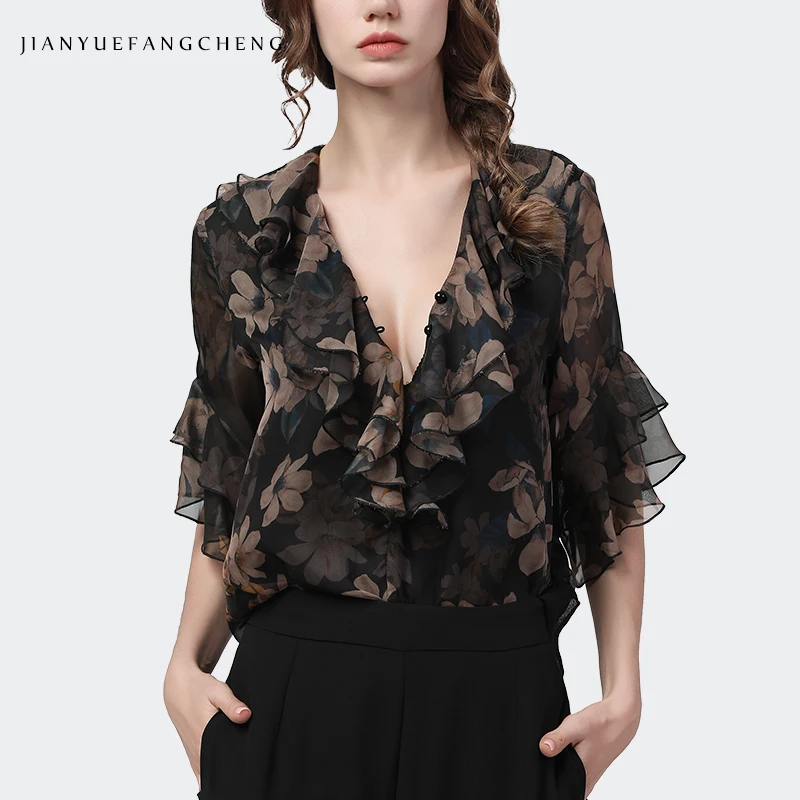 Fashion Floral Chiffon Blouse Women Summer Tops Butterfly Short Sleeve V-Neck Loose Plus Size Ladies Casual Blouses And Tops