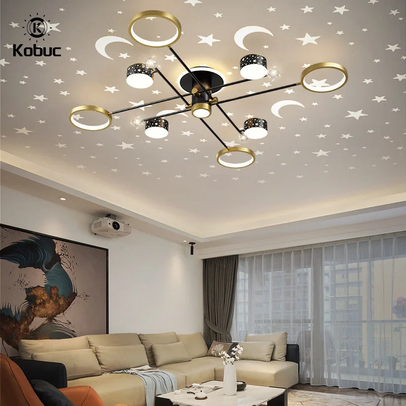 

Kobuc Modern LED Chandelier Starry Sky Dimmable Lamp For Living Room Study Bedroom Kitchen Home Black Branch Ceiling Lamp Light