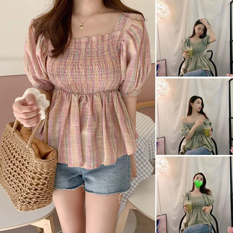 Summer sweet square collar short plaid T-shirt tops women's puff sleeves ruffled slim slim casual shirt,