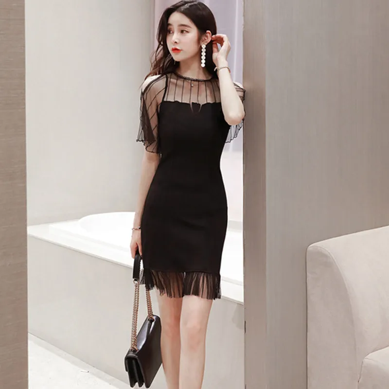 

Lady Black O-Neck Half Sleeve Womens Dress Office Ladies Sexy Party Dress Summer Gauze Patchwork Vintage Bodycon Mermaid Dresses