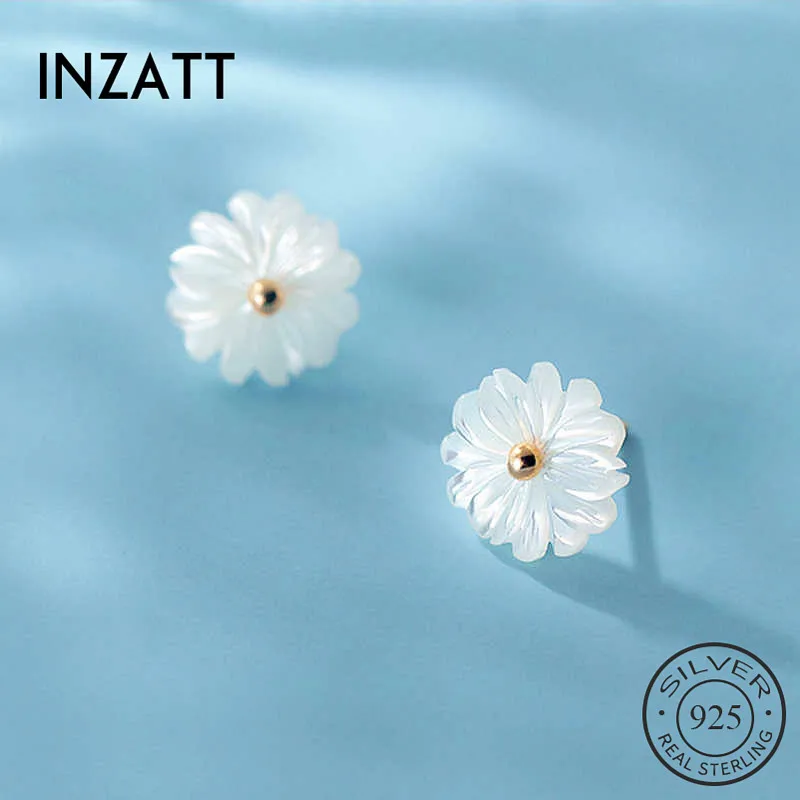 INZATT Real 925 Sterling Silver White Flower Plant Stud Earrings For Fashion Women Fine Jewelry Bohemian Accessories GIFT