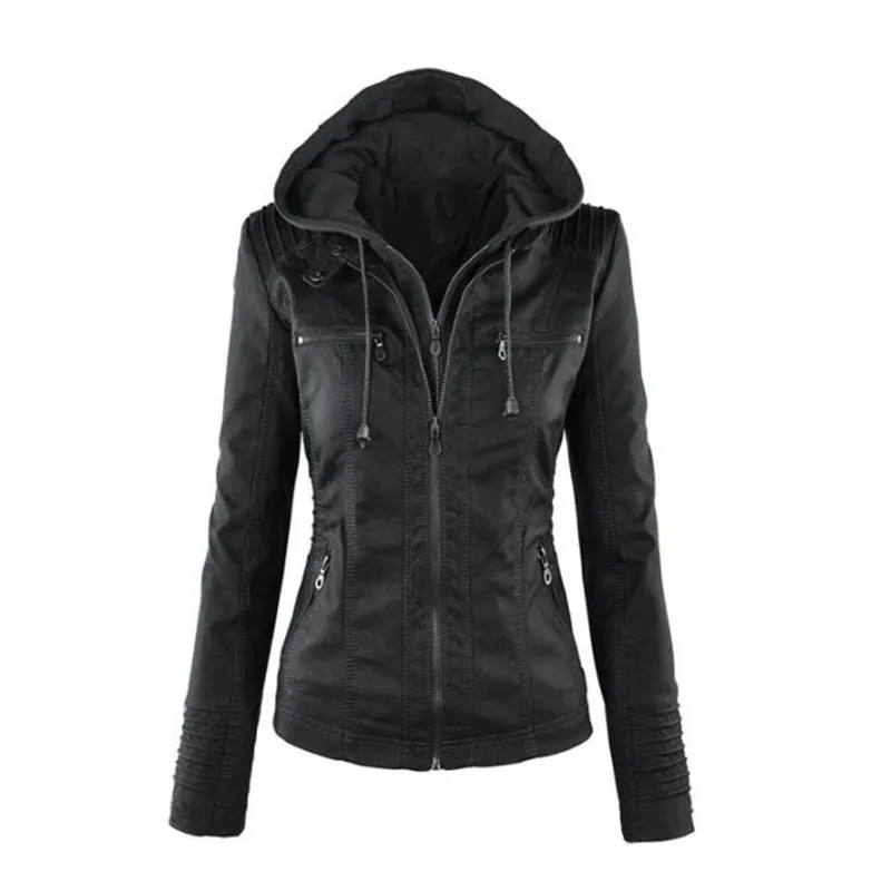 Customizable Hooded Leather Jacket Autumn Winter women's with zipper leather jacket short PU jacket coat Suit Jackets